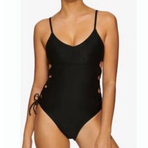 HULA HONEY Women's Black Stretch Deep V Neck Ribbed One Piece Swimsuit